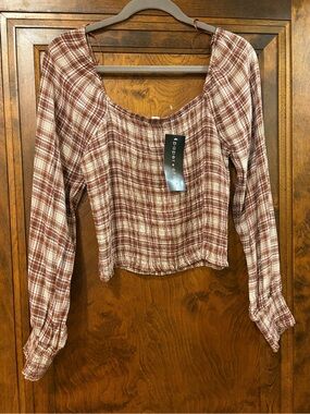 Paper Crane Rust and Cream Plaid Cropped Square-Neck Top